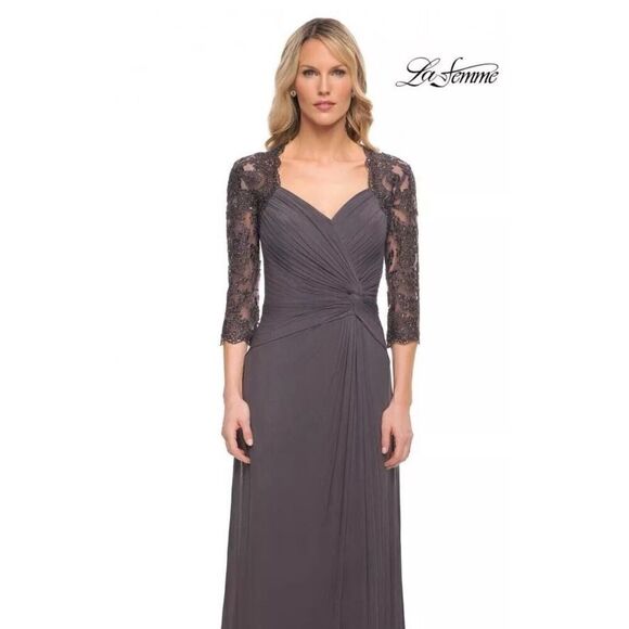 New LA FEMME Ruched Twist Column Gown In Gunmetal Size 16 Retail $438. 14 - Picture 1 of 16